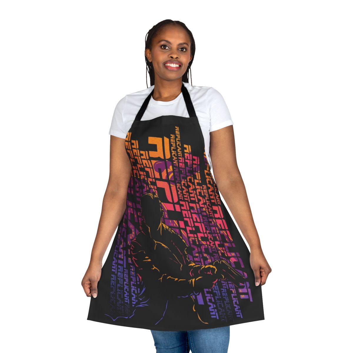 Apron with a futuristic, dystopian cityscape inspired by the Blade Runner movies
