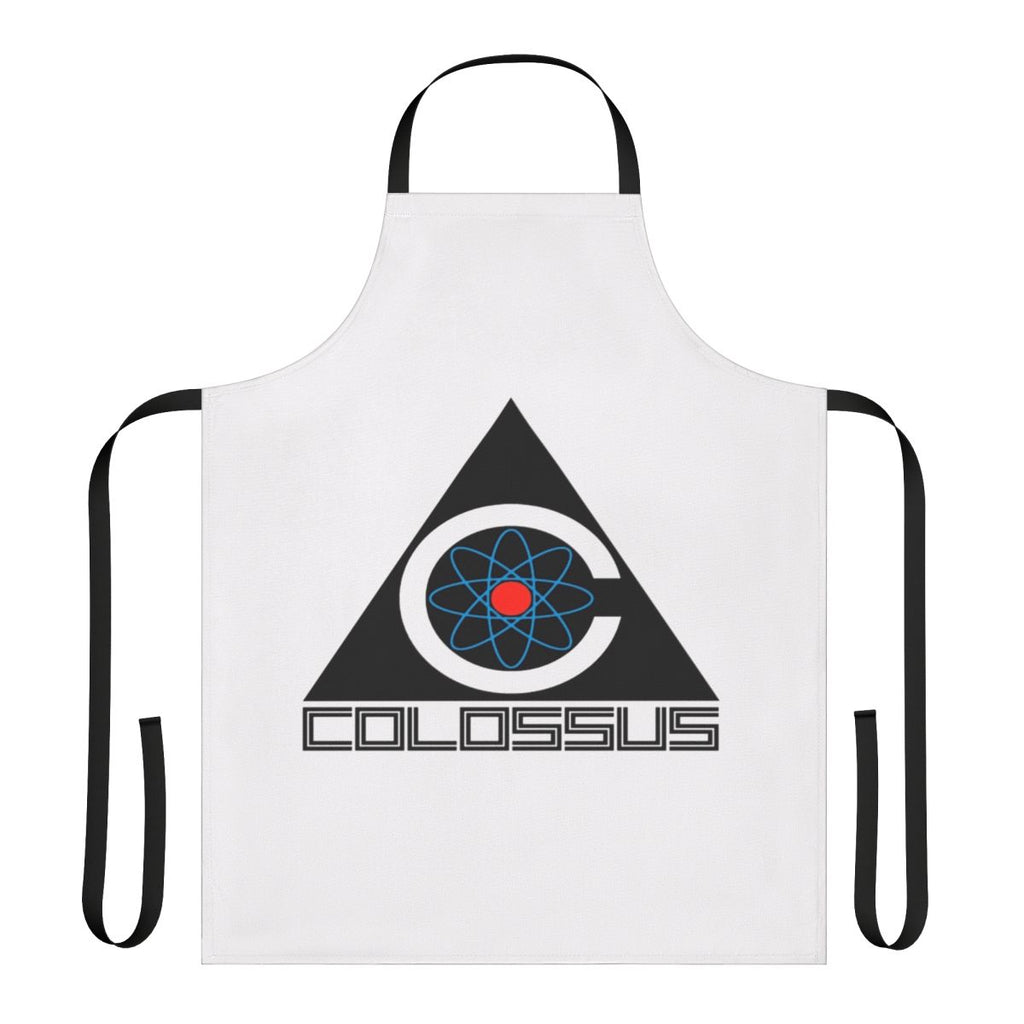 A stylish and futuristic apron featuring retro sci-fi and dystopian AI/tech inspired graphics.