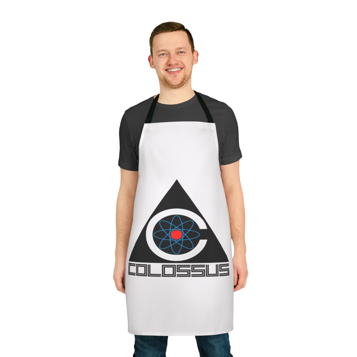A stylish and futuristic apron featuring retro sci-fi and dystopian AI/tech inspired graphics.