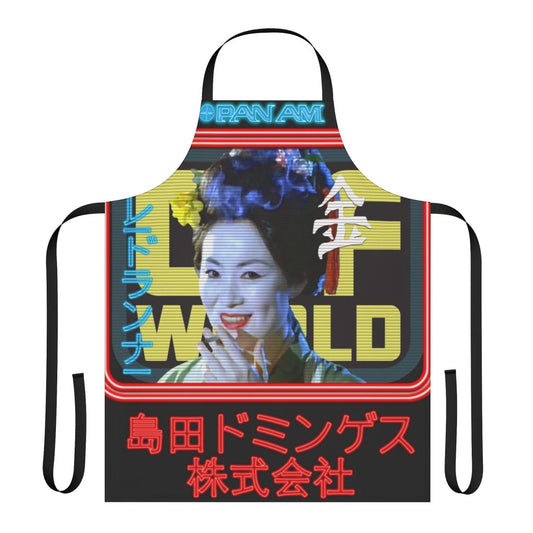 A futuristic apron with a neon blimp design, inspired by the sci-fi movie Blade Runner.
