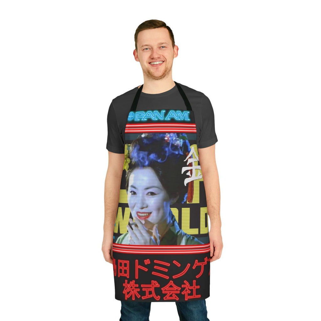 A futuristic apron with a neon blimp design, inspired by the sci-fi movie Blade Runner.