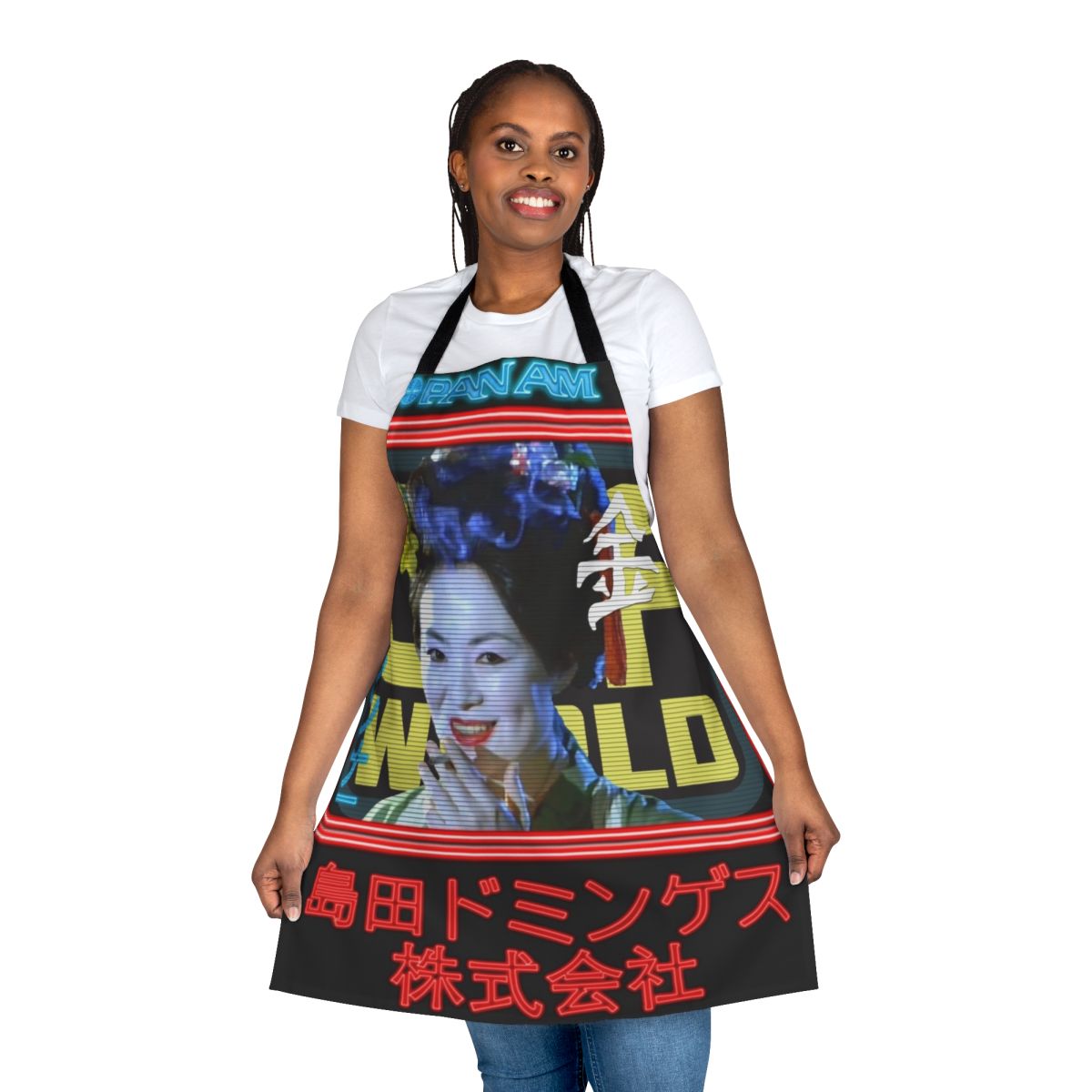A futuristic apron with a neon blimp design, inspired by the sci-fi movie Blade Runner.