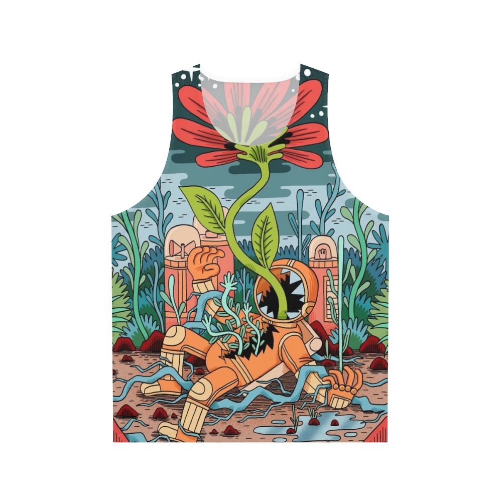 Futuristic unisex tank top with an astronaut and nature-inspired design