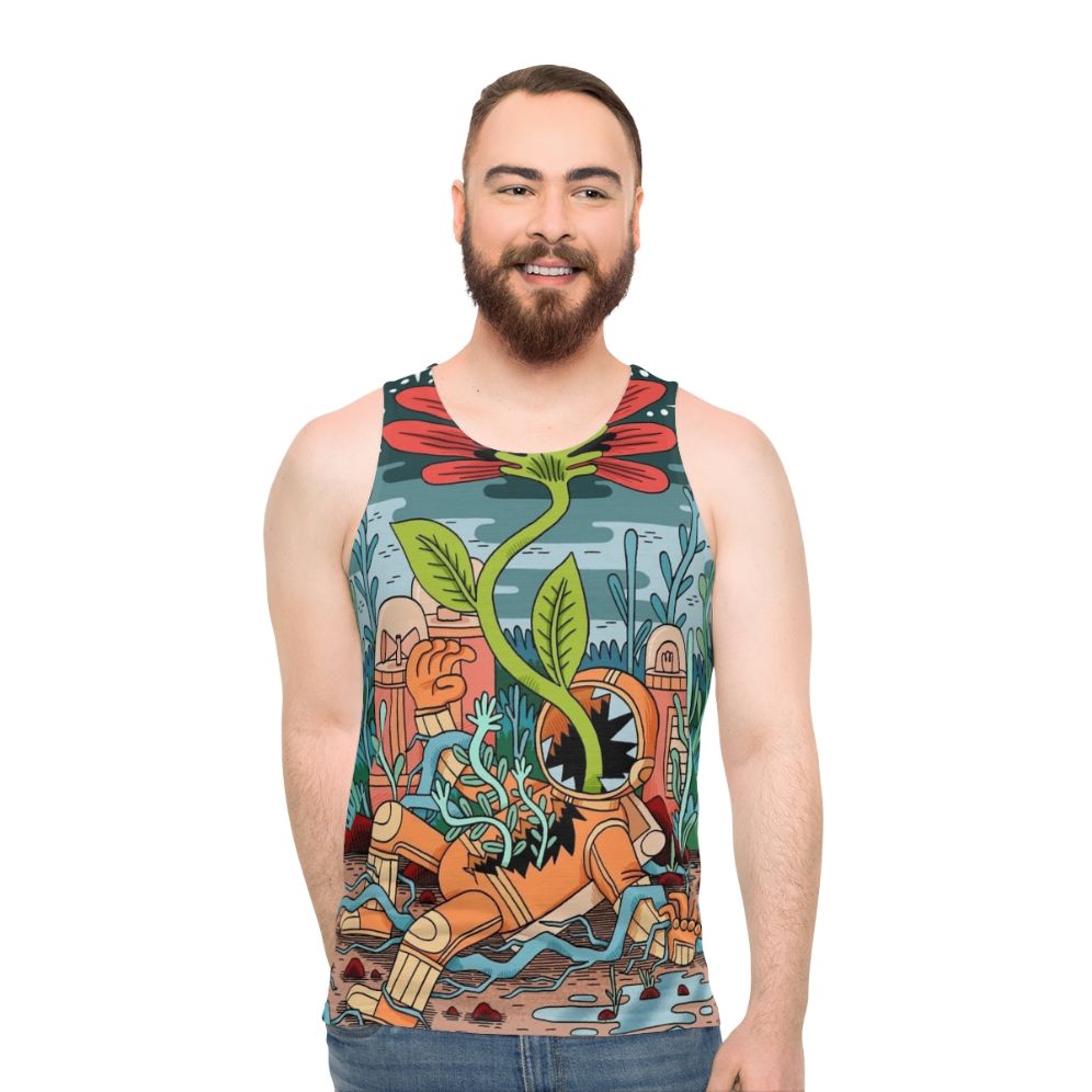 Futuristic unisex tank top with an astronaut and nature-inspired design