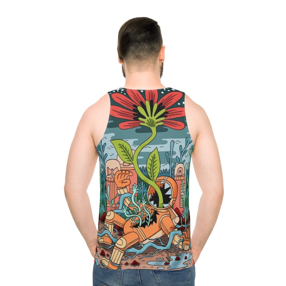 Futuristic unisex tank top with an astronaut and nature-inspired design