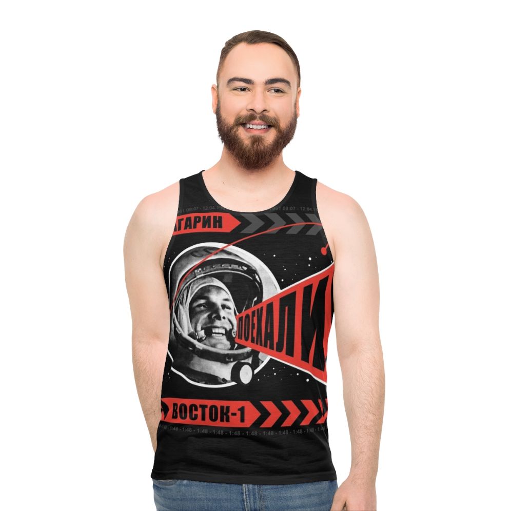 Gagarin Poyekhali Unisex Tank Top with space exploration design
