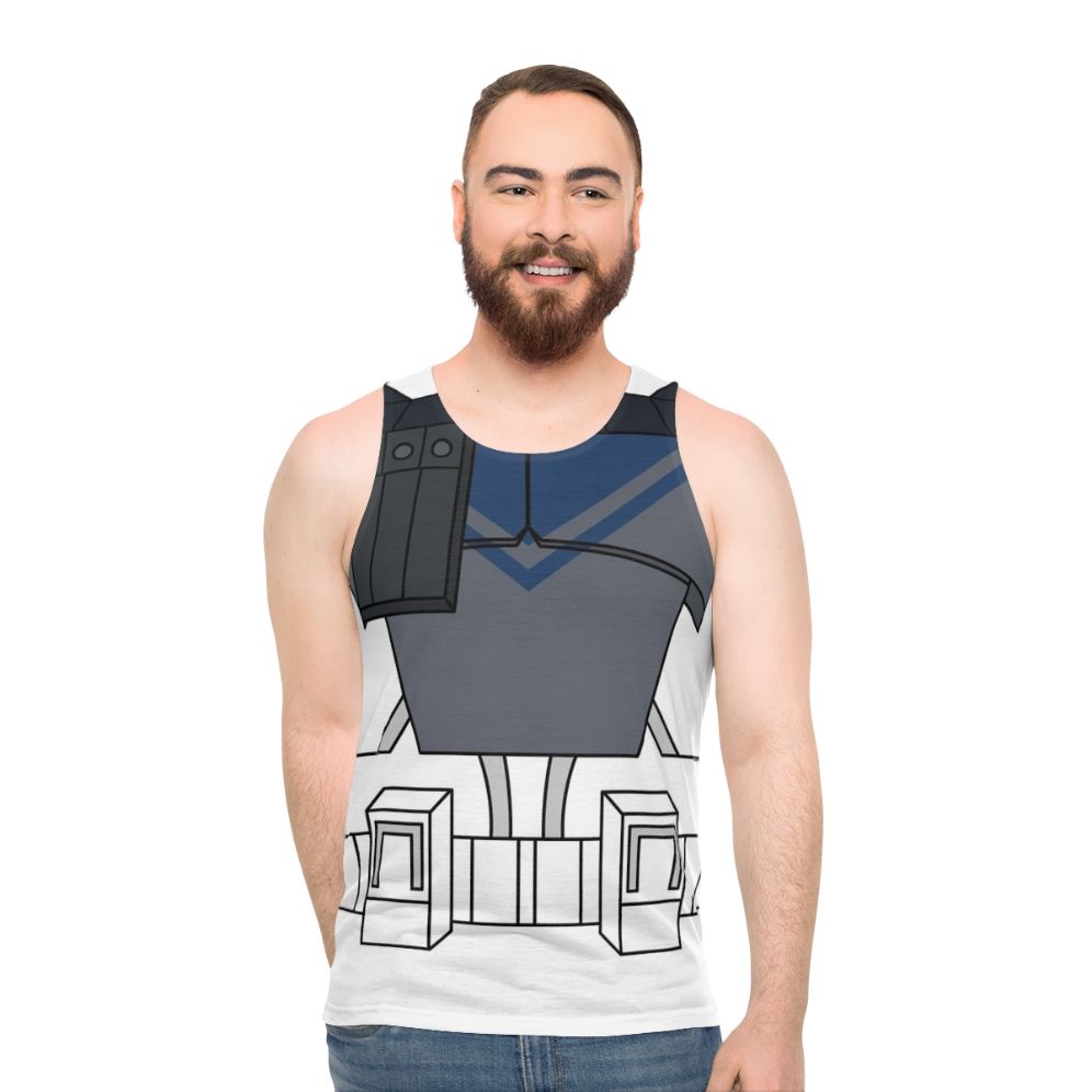 Unisex tank top with galactic armor design