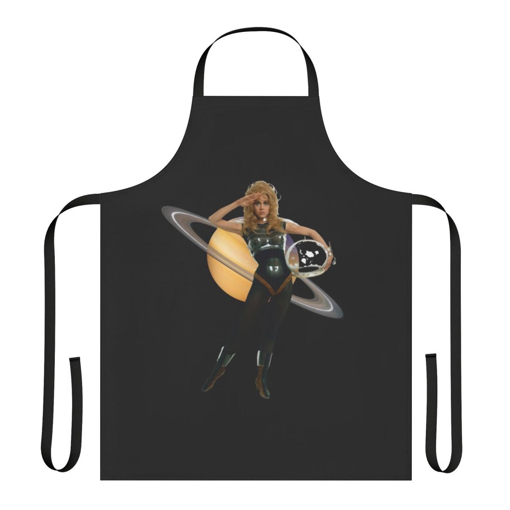 Retro sci-fi inspired apron featuring Barbarella, the iconic 1960s movie character, against a galaxy backdrop.
