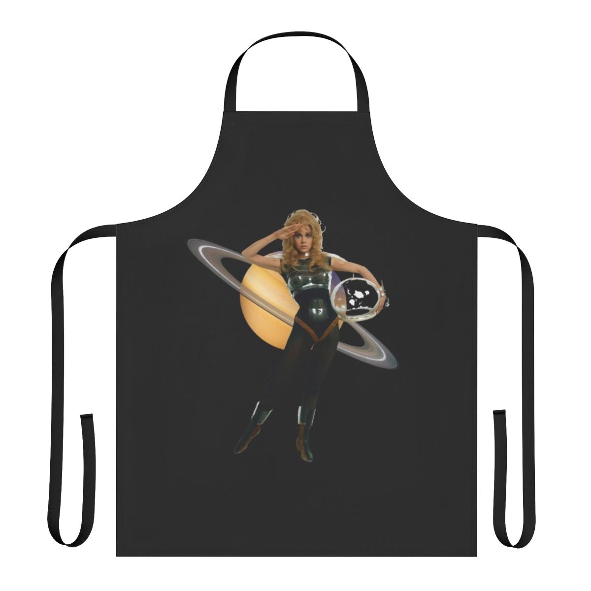 Retro sci-fi inspired apron featuring Barbarella, the iconic 1960s movie character, against a galaxy backdrop.