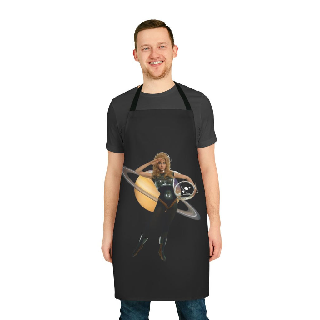 Retro sci-fi inspired apron featuring Barbarella, the iconic 1960s movie character, against a galaxy backdrop.