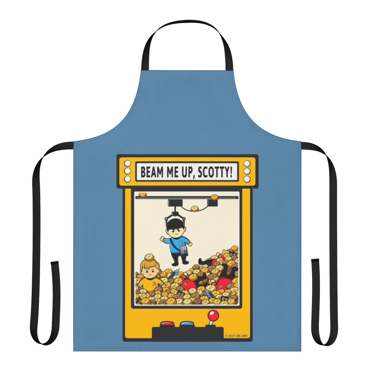 A red apron with a "Beam Me Up Scotty" design, perfect for fans of the original Star Trek series.