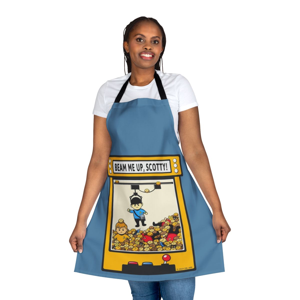 A red apron with a "Beam Me Up Scotty" design, perfect for fans of the original Star Trek series.