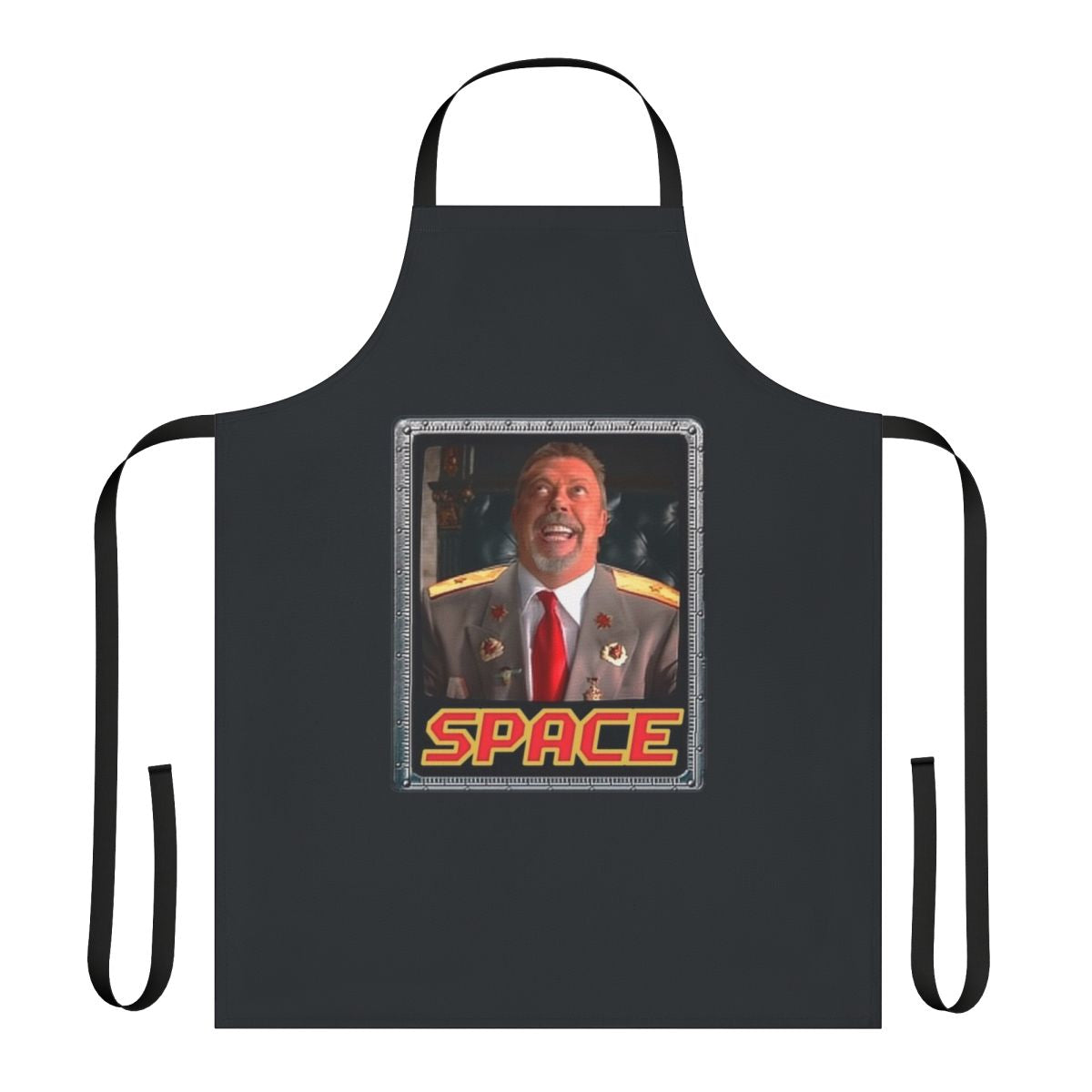 A stylish apron featuring a humorous space-themed meme design, perfect for the sci-fi enthusiast or retro gaming fan.