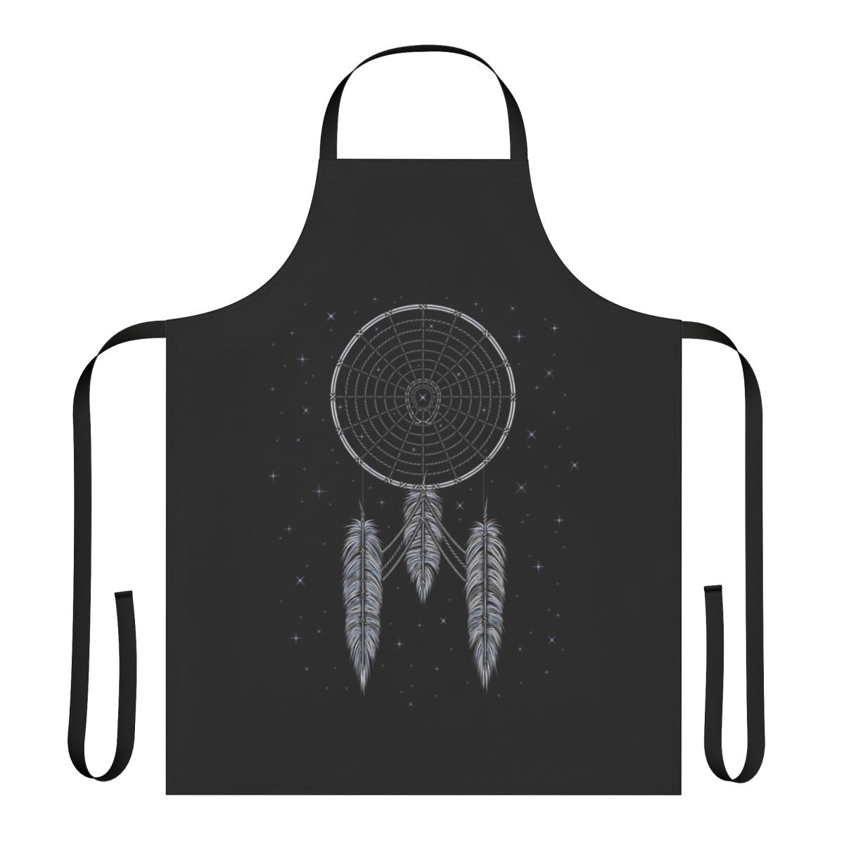 A stylish apron featuring a dream catcher design with stars, spaceships, and a rocket in a sci-fi inspired pattern.