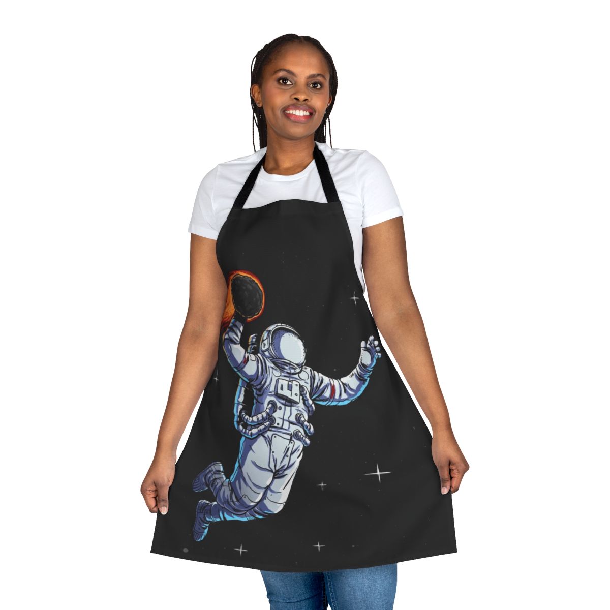 Galactic-themed kitchen apron with a basketball dunking design