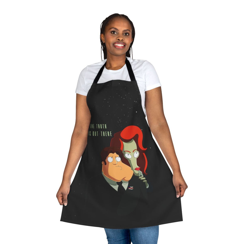 Alien-inspired apron featuring UFO and space imagery for a sci-fi cooking experience