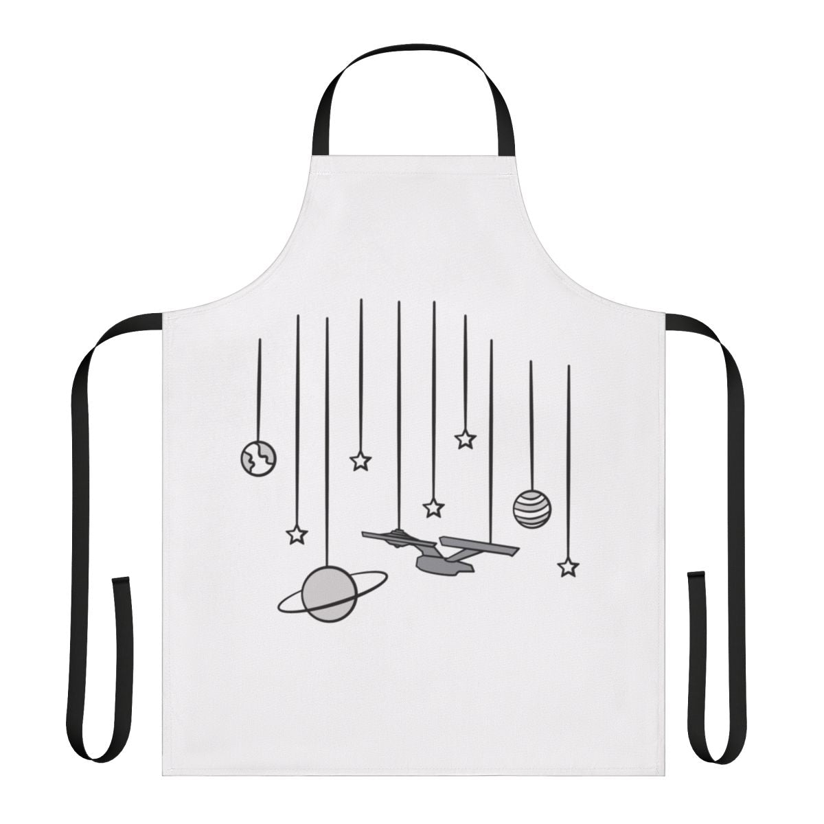 Stylized line art depiction of the USS Enterprise from the Star Trek franchise, featured on a black and white apron.