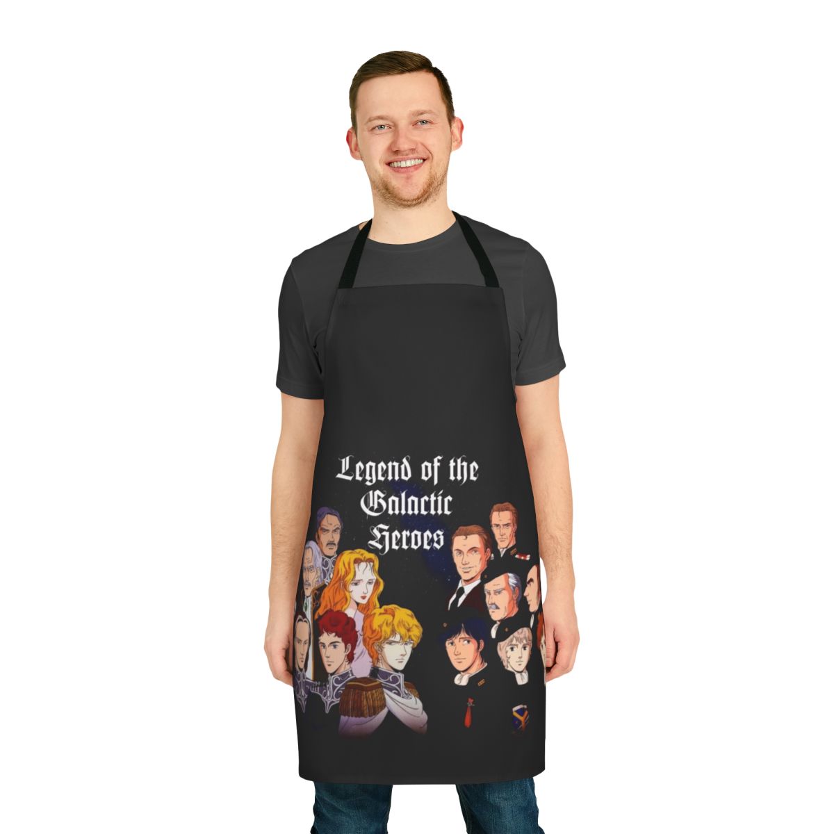 Galactic Heroes inspired apron featuring characters and imagery from the epic sci-fi anime series Legend of the Galactic Heroes