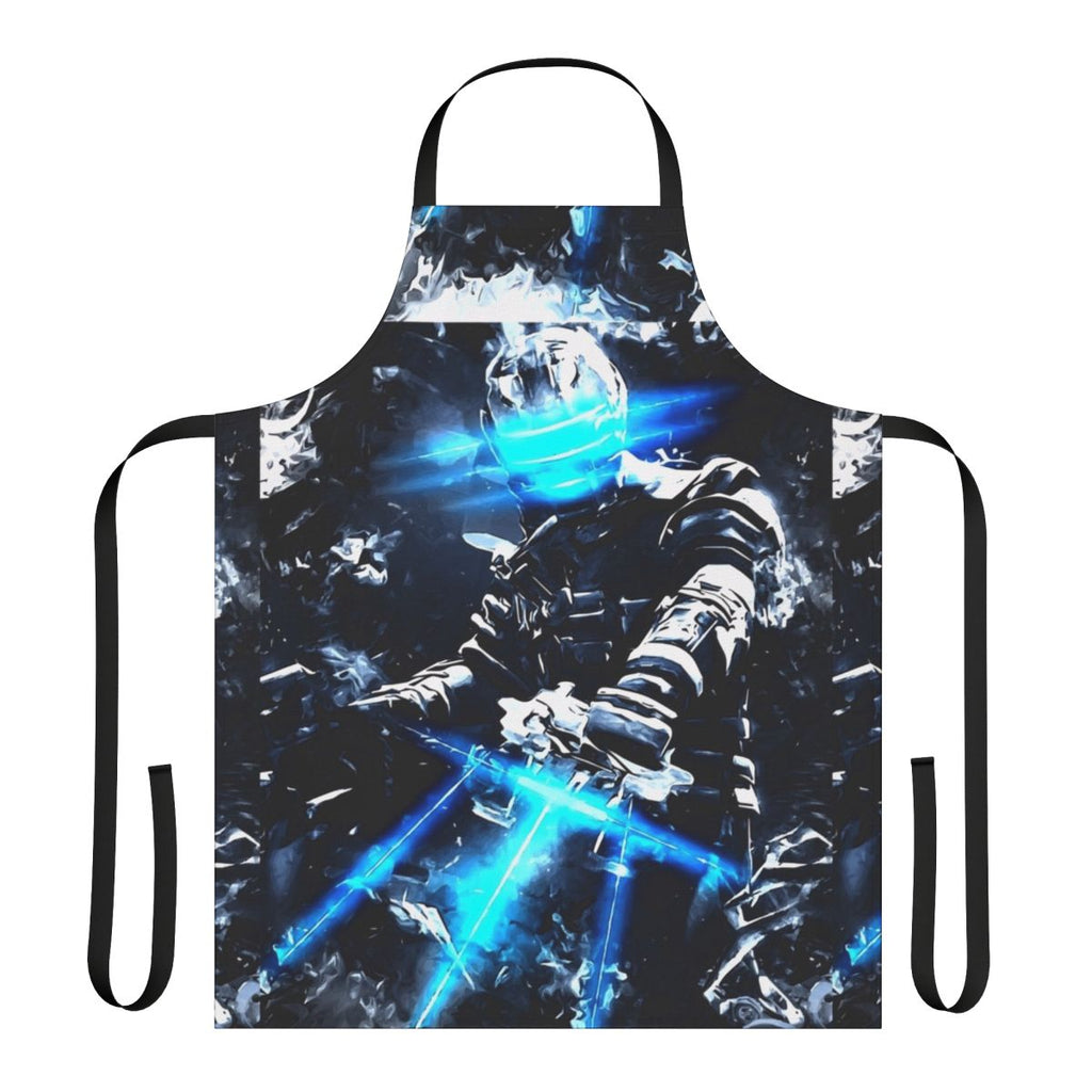 Abstract white noise pattern inspired by the Dead Space video game franchise, featuring the character Isaac on a kitchen apron.