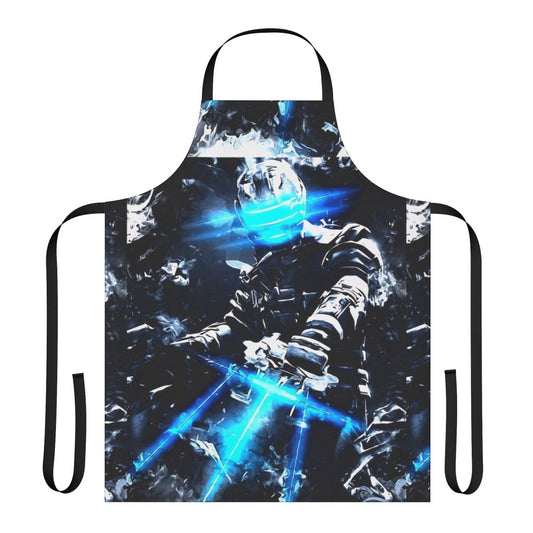 Abstract white noise pattern inspired by the Dead Space video game franchise, featuring the character Isaac on a kitchen apron.