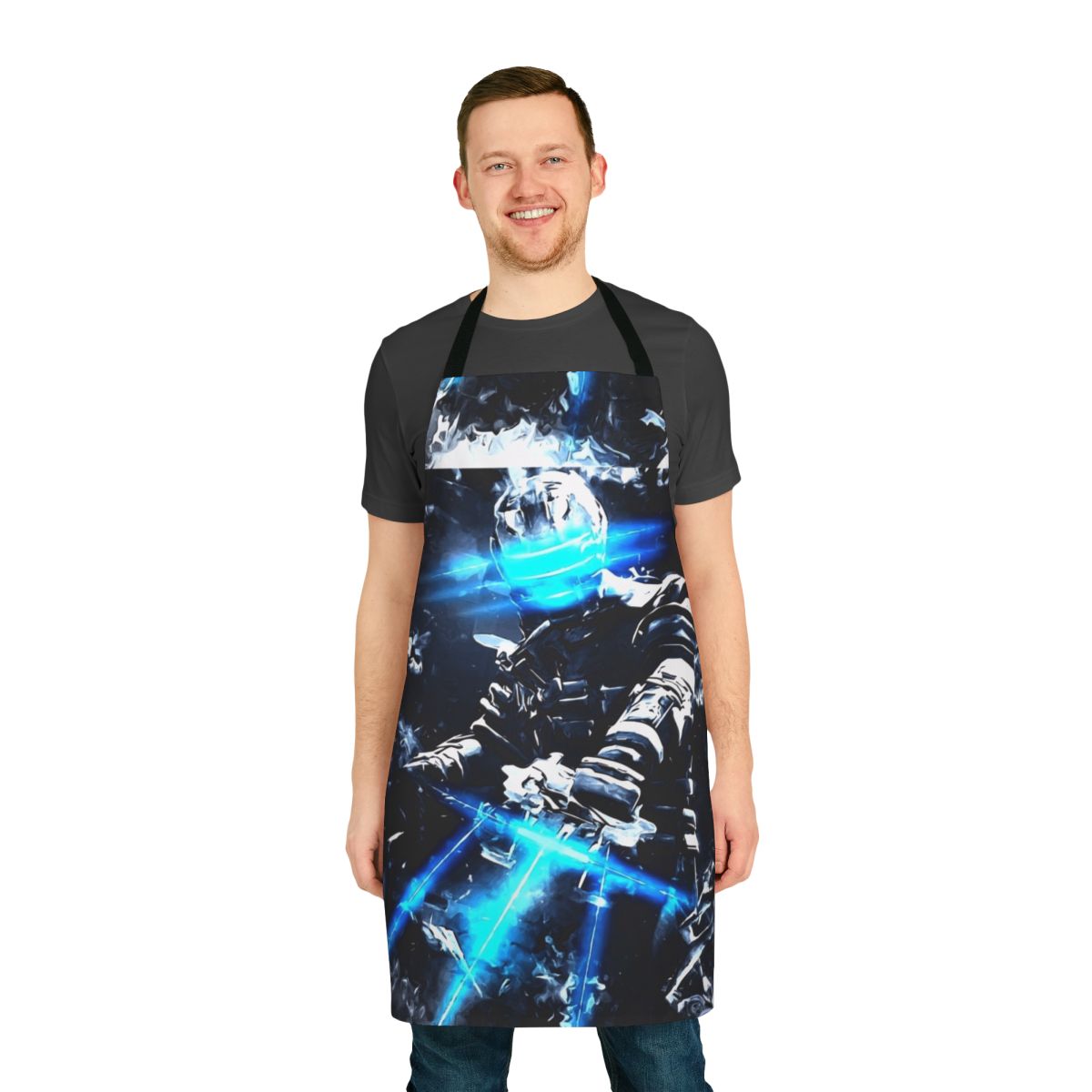 Abstract white noise pattern inspired by the Dead Space video game franchise, featuring the character Isaac on a kitchen apron.