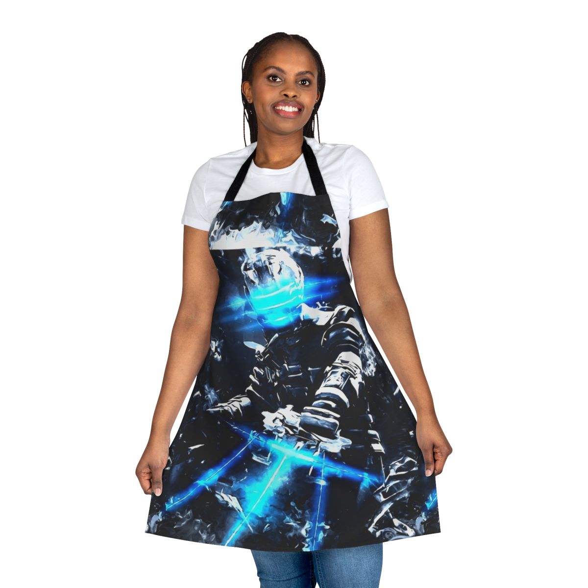 Abstract white noise pattern inspired by the Dead Space video game franchise, featuring the character Isaac on a kitchen apron.