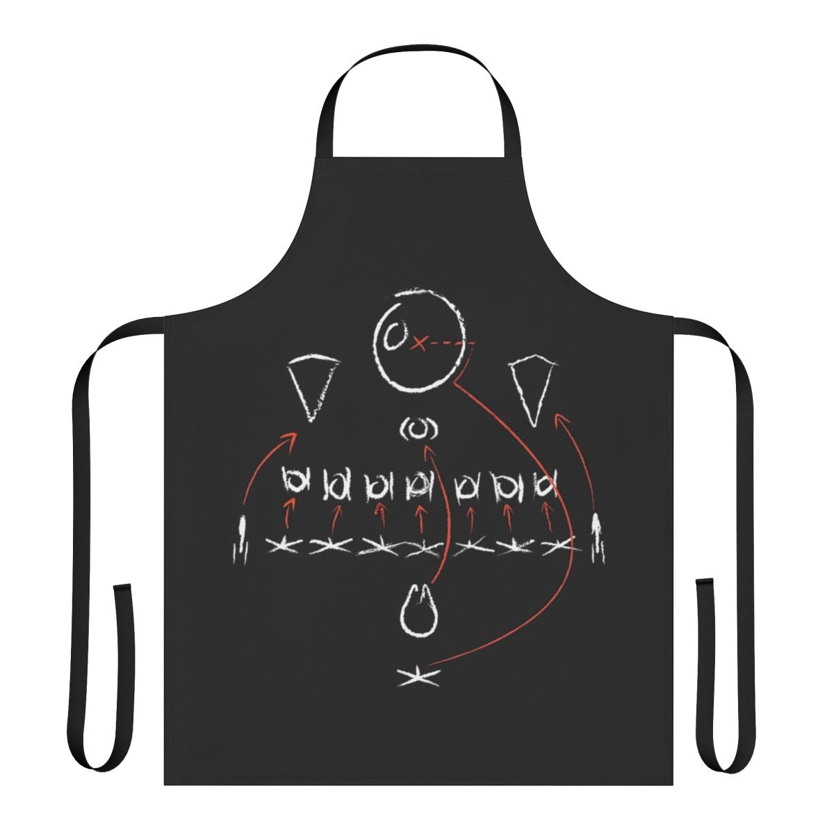 A stylish apron featuring a chalkboard-style diagram of Star Wars and football plays