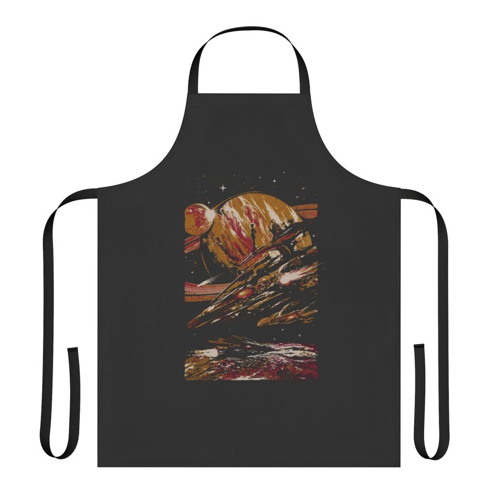 A futuristic apron with a space-themed design featuring planets, stars, and a bioluminescent glow.
