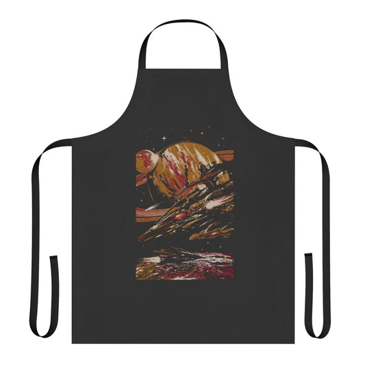 A futuristic apron with a space-themed design featuring planets, stars, and a bioluminescent glow.