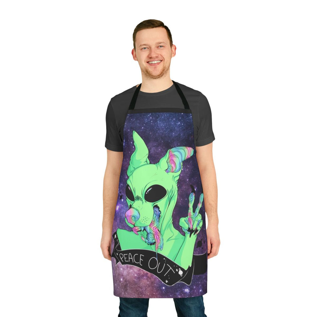 Colorful space-themed apron with an alien dog design