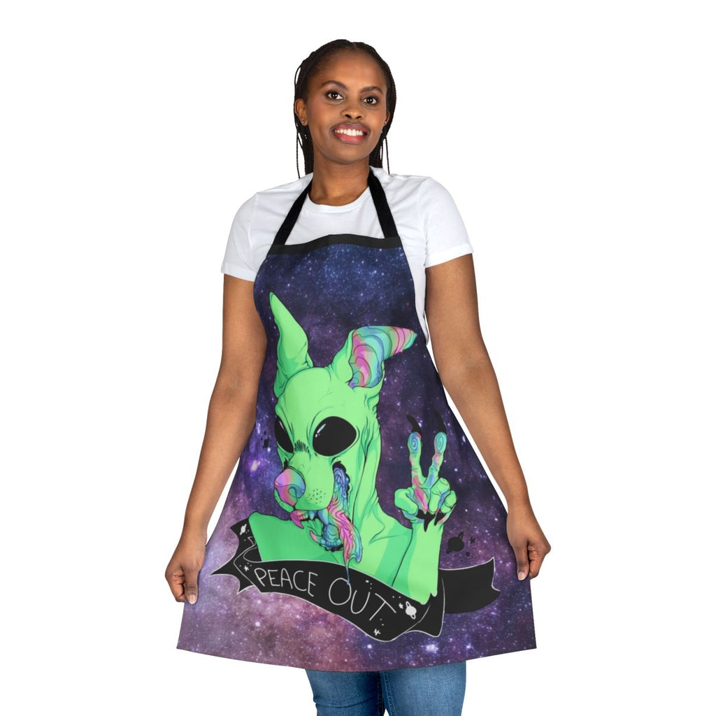 Colorful space-themed apron with an alien dog design