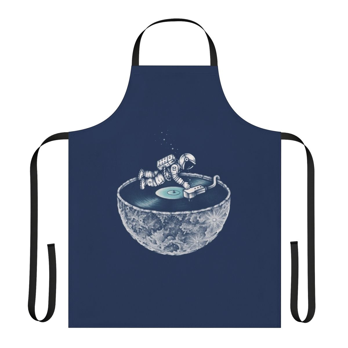 Person wearing a denim apron with a space and music themed design
