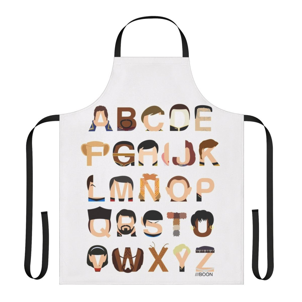 A black apron with a colorful print of the Star Trek alphabet