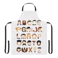 A black apron with a colorful print of the Star Trek alphabet