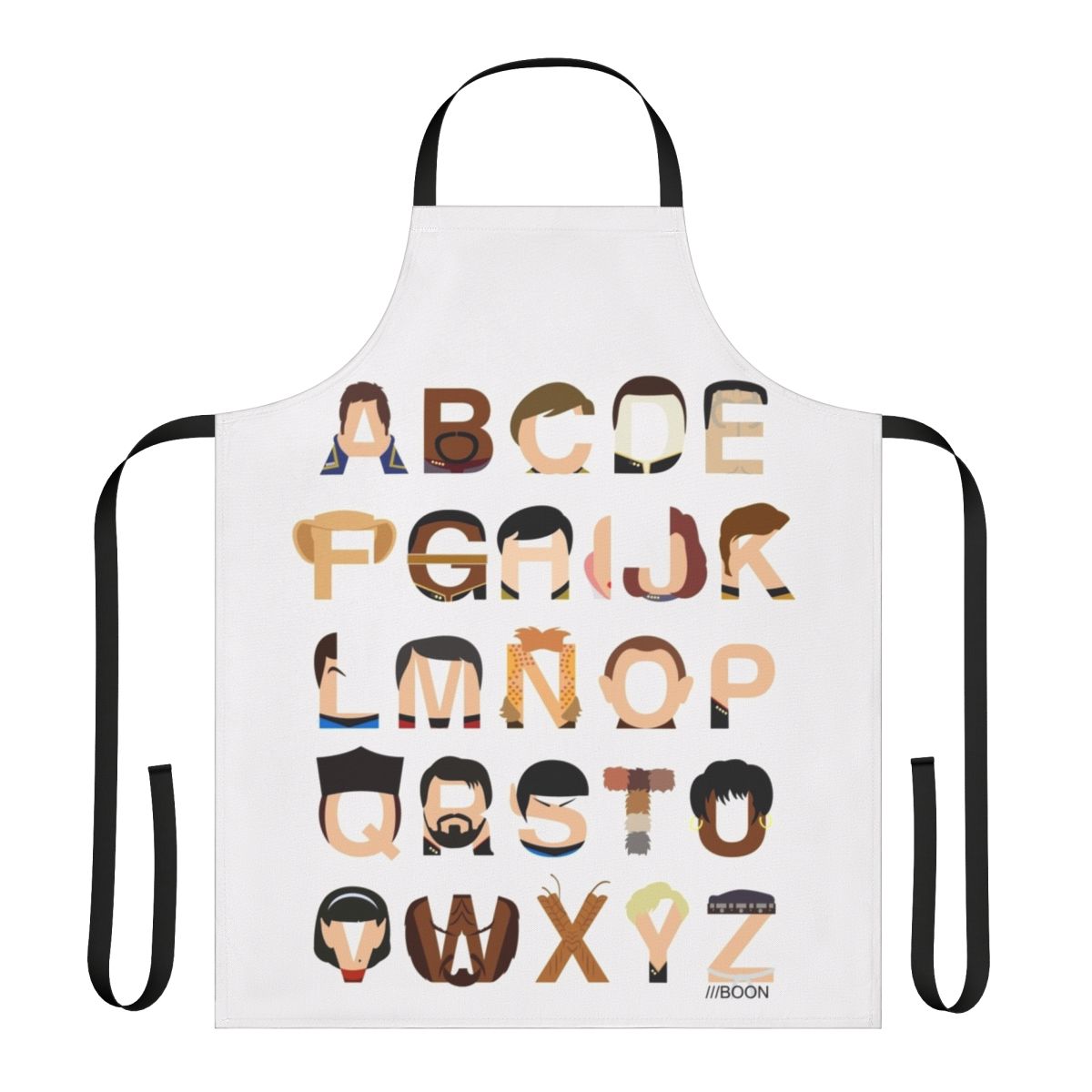A black apron with a colorful print of the Star Trek alphabet