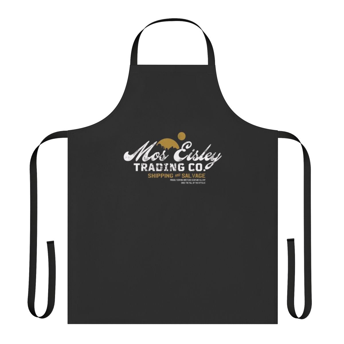 A retro-style apron featuring the Mos Eisley Trading Company logo and design, inspired by the iconic Star Wars universe.