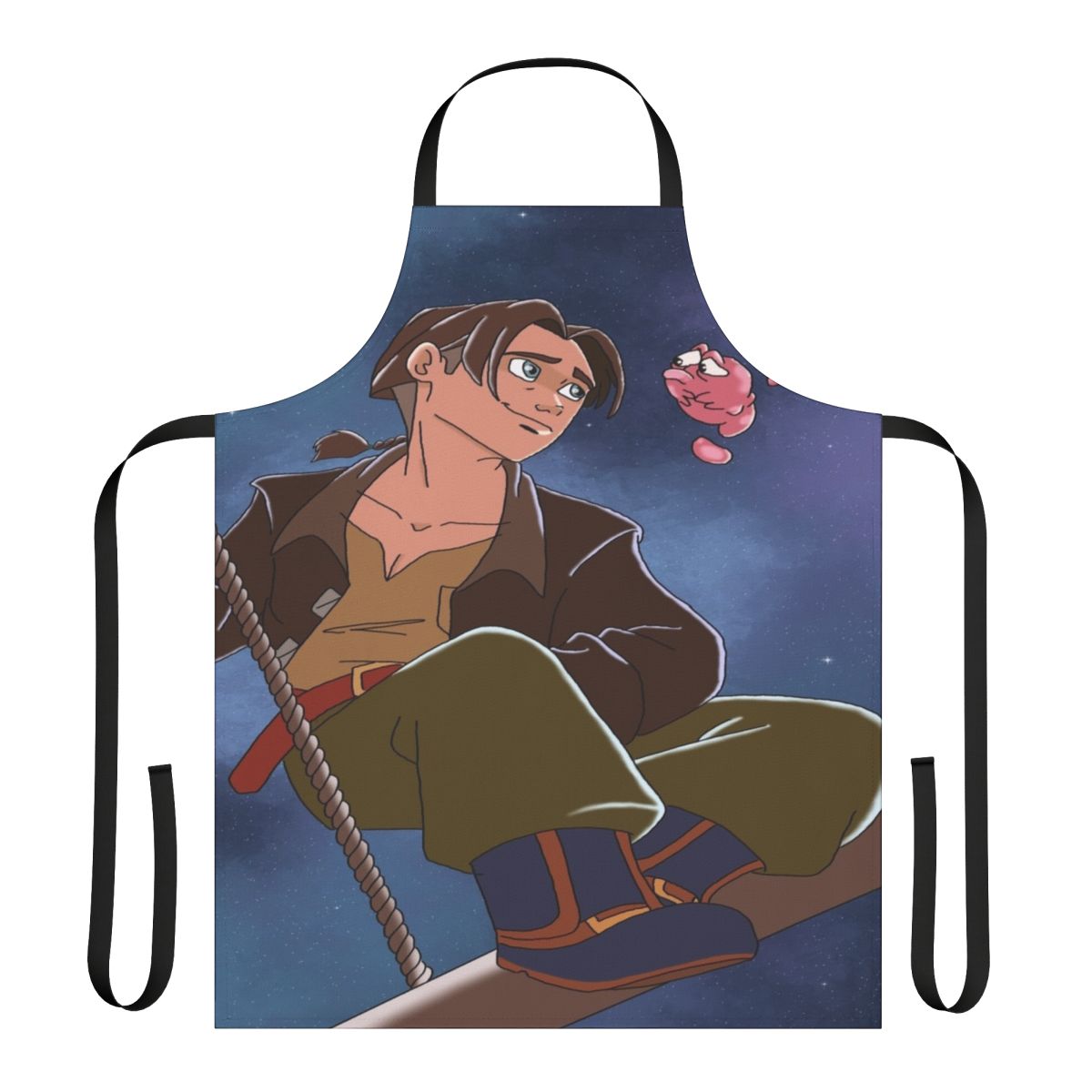 Apron featuring a cartoon sci-fi inspired space design with planets, stars, and a treasure chest