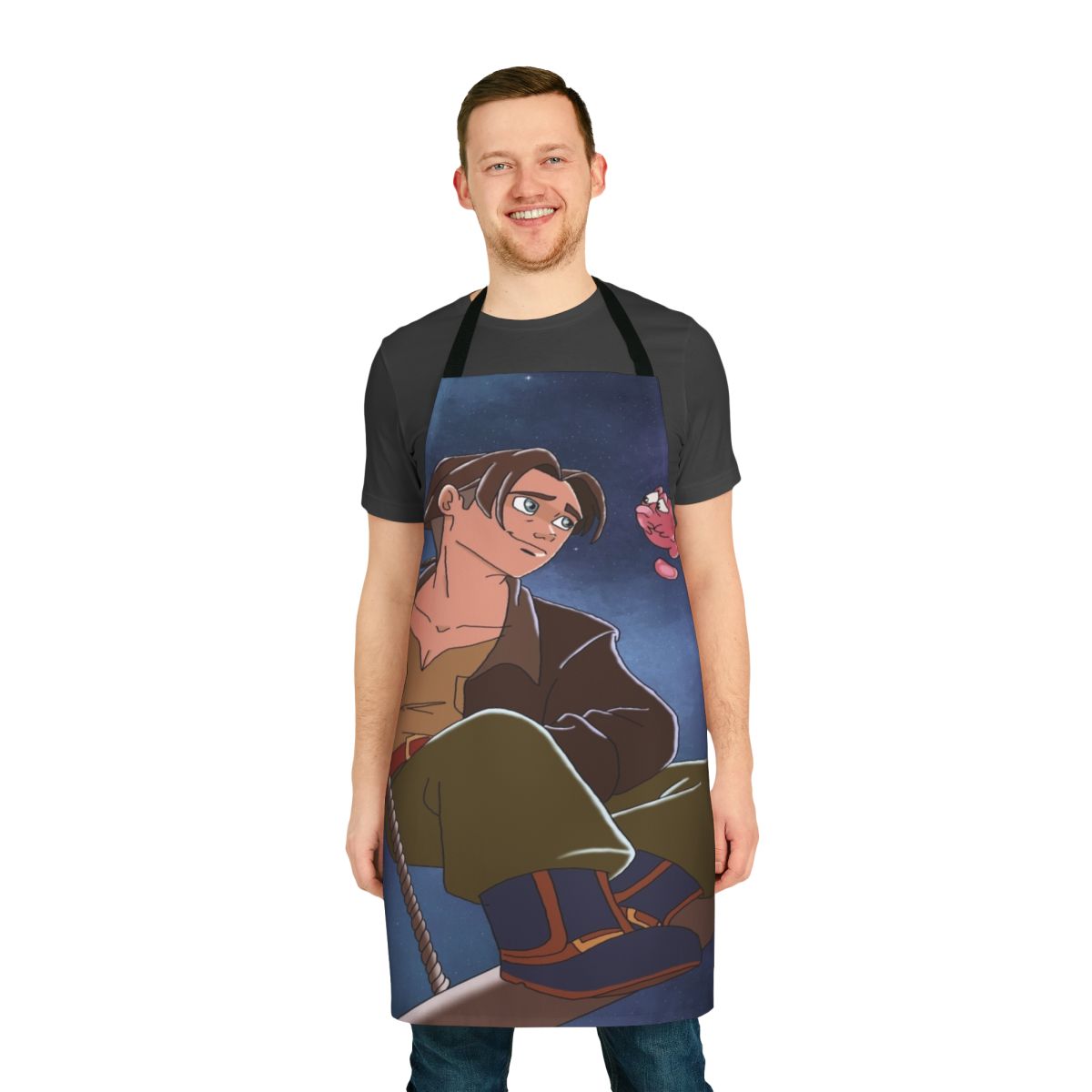 Apron featuring a cartoon sci-fi inspired space design with planets, stars, and a treasure chest