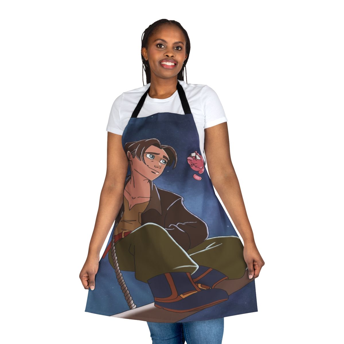 Apron featuring a cartoon sci-fi inspired space design with planets, stars, and a treasure chest