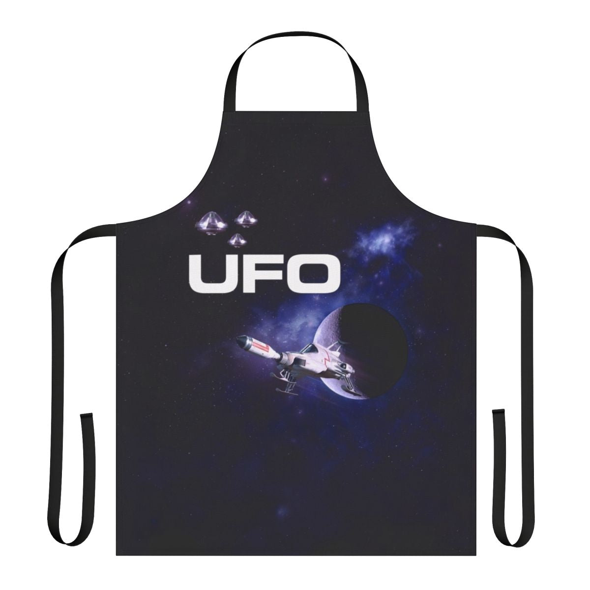 Stylish apron featuring a retro UFO design inspired by the 1970s TV series Space 1999