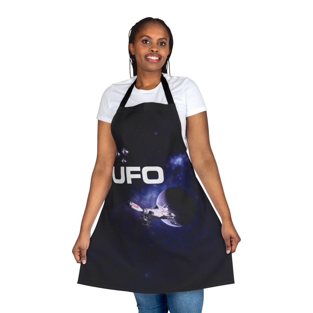 Stylish apron featuring a retro UFO design inspired by the 1970s TV series Space 1999