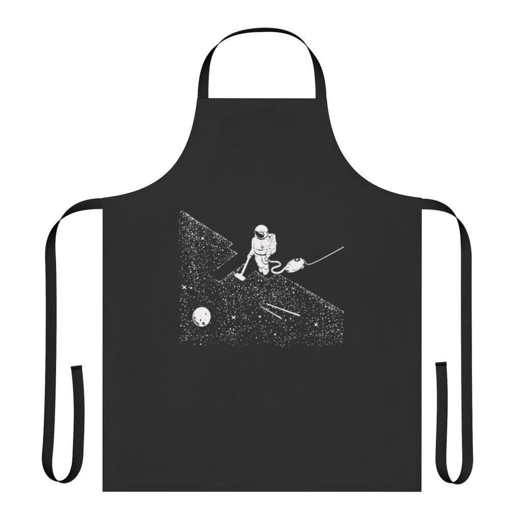 A person wearing a t-shirt apron with a space and vacuum-themed design.