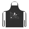 A person wearing a t-shirt apron with a space and vacuum-themed design.