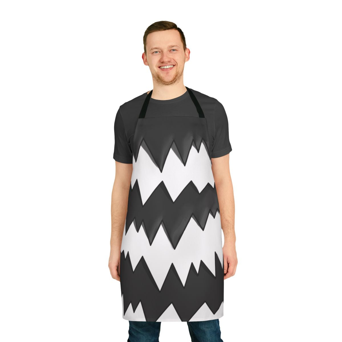 Galarian Zigzagoon pattern apron featuring a black and white punk raccoon design