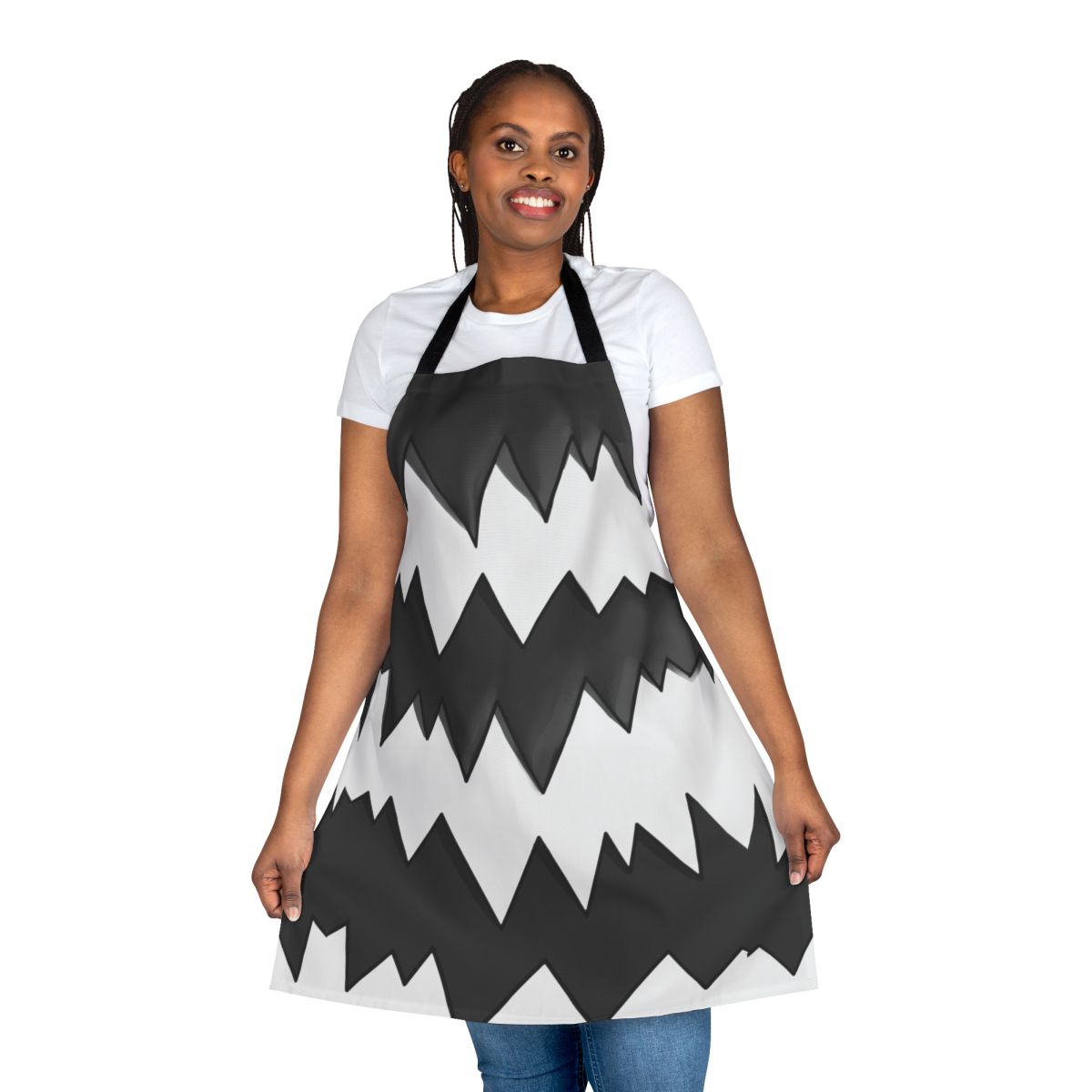 Galarian Zigzagoon pattern apron featuring a black and white punk raccoon design