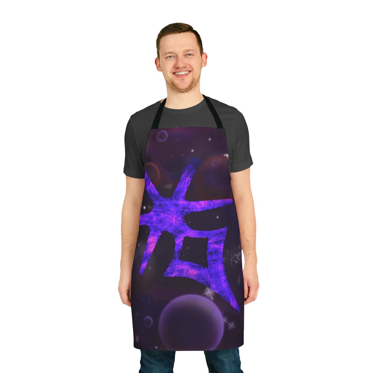 A dark knight-themed apron with a galaxy-inspired design, perfect for FFXIV fans