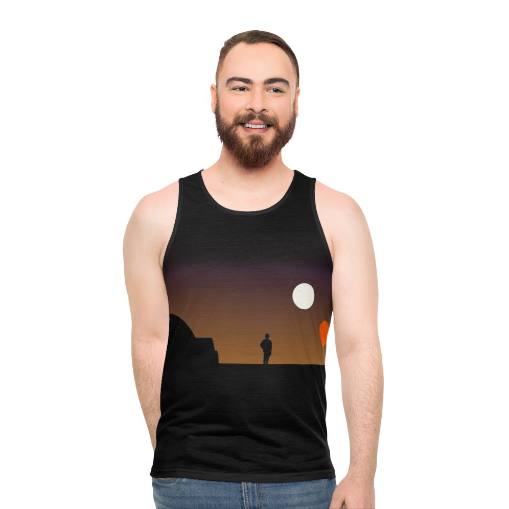 Galaxy-inspired unisex tank top with a sunset graphic design