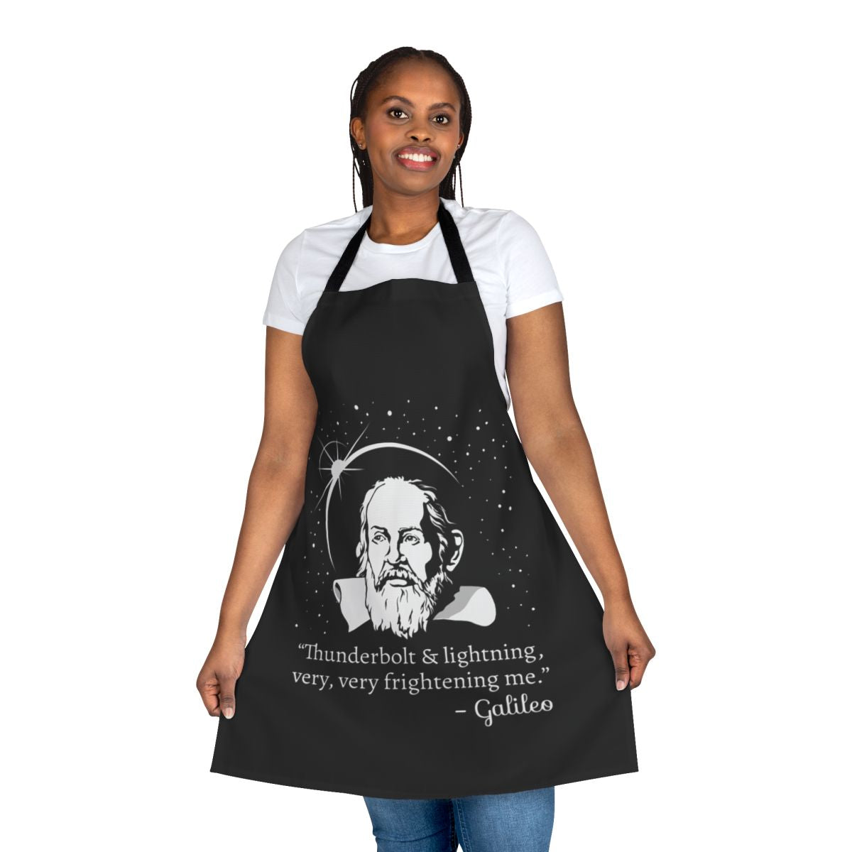 Galileo graphic apron with thunderbolt and lightning vintage retro astronomy design