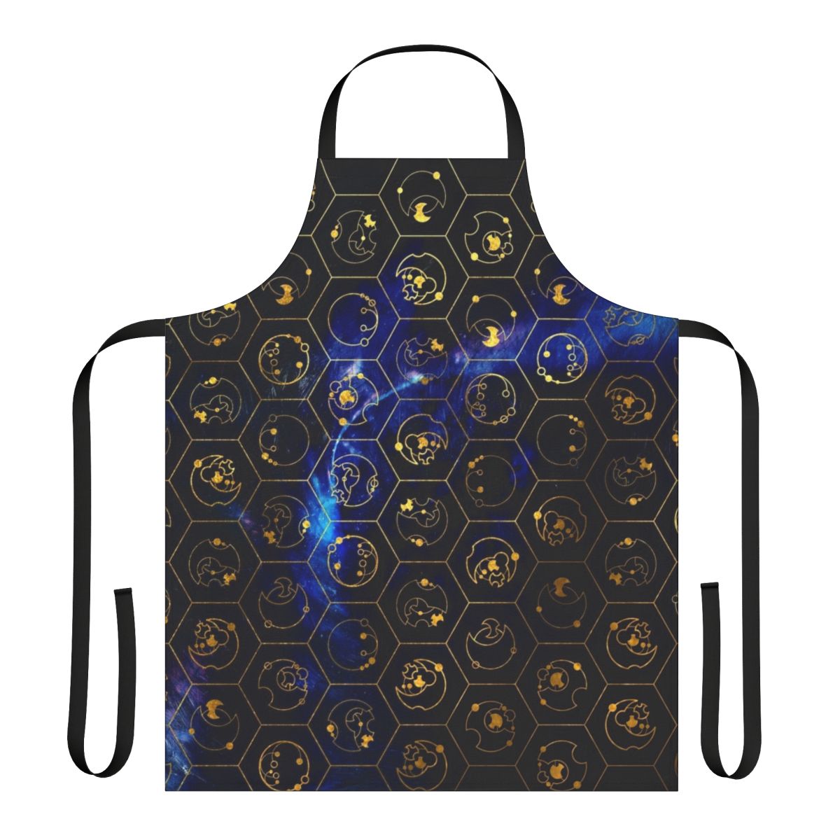 Blue apron with Gallifreyan alphabet and time lord design