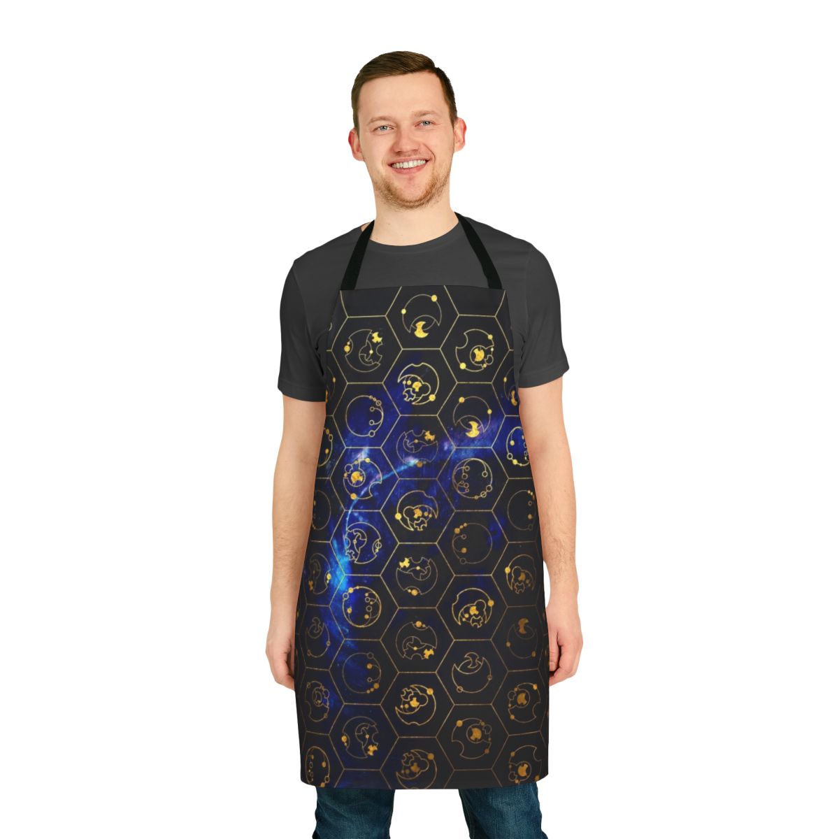 Blue apron with Gallifreyan alphabet and time lord design